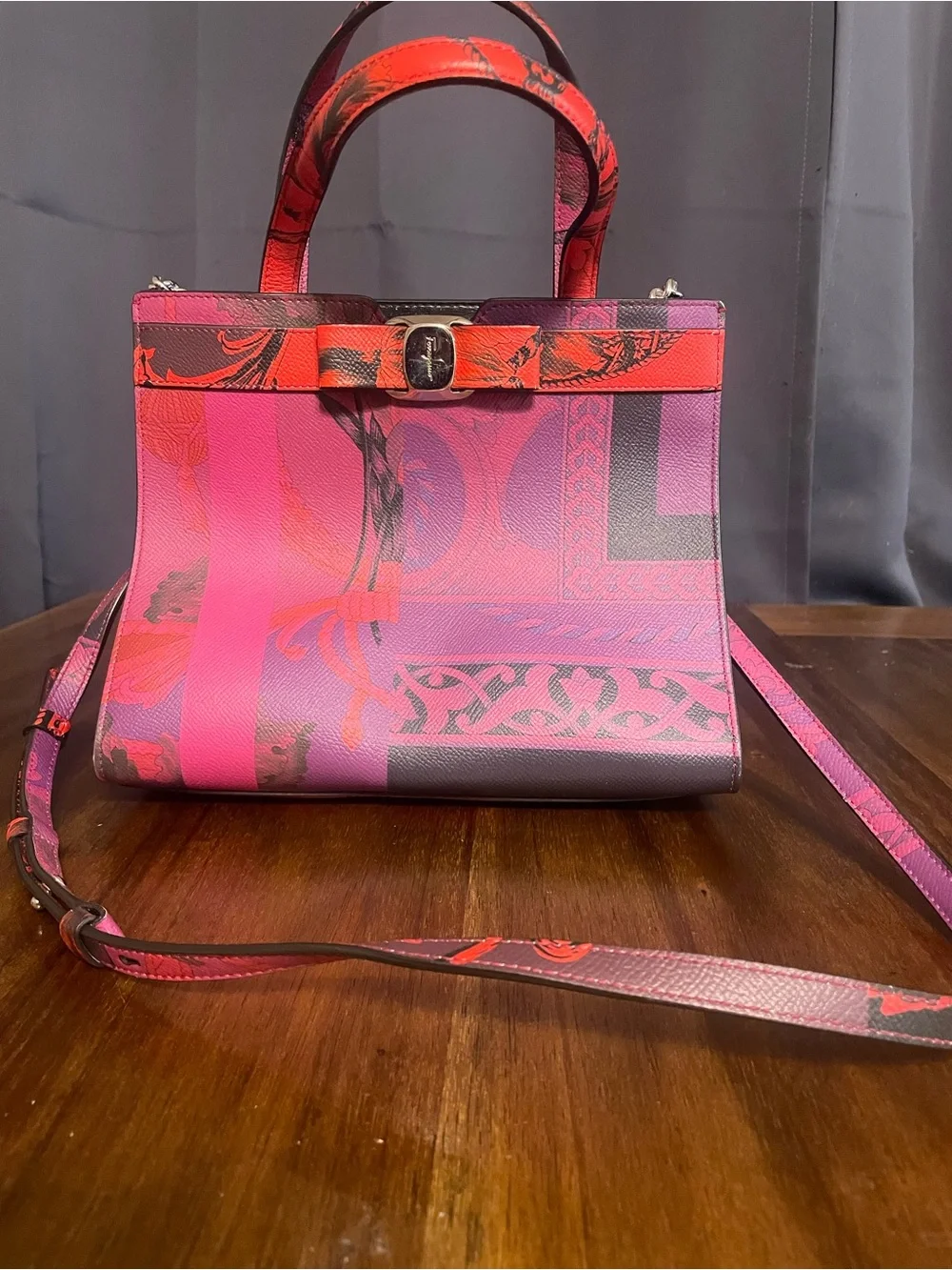 Salvatore Ferragamo Pink & Red Printed Leather Satchel with Bow Detail